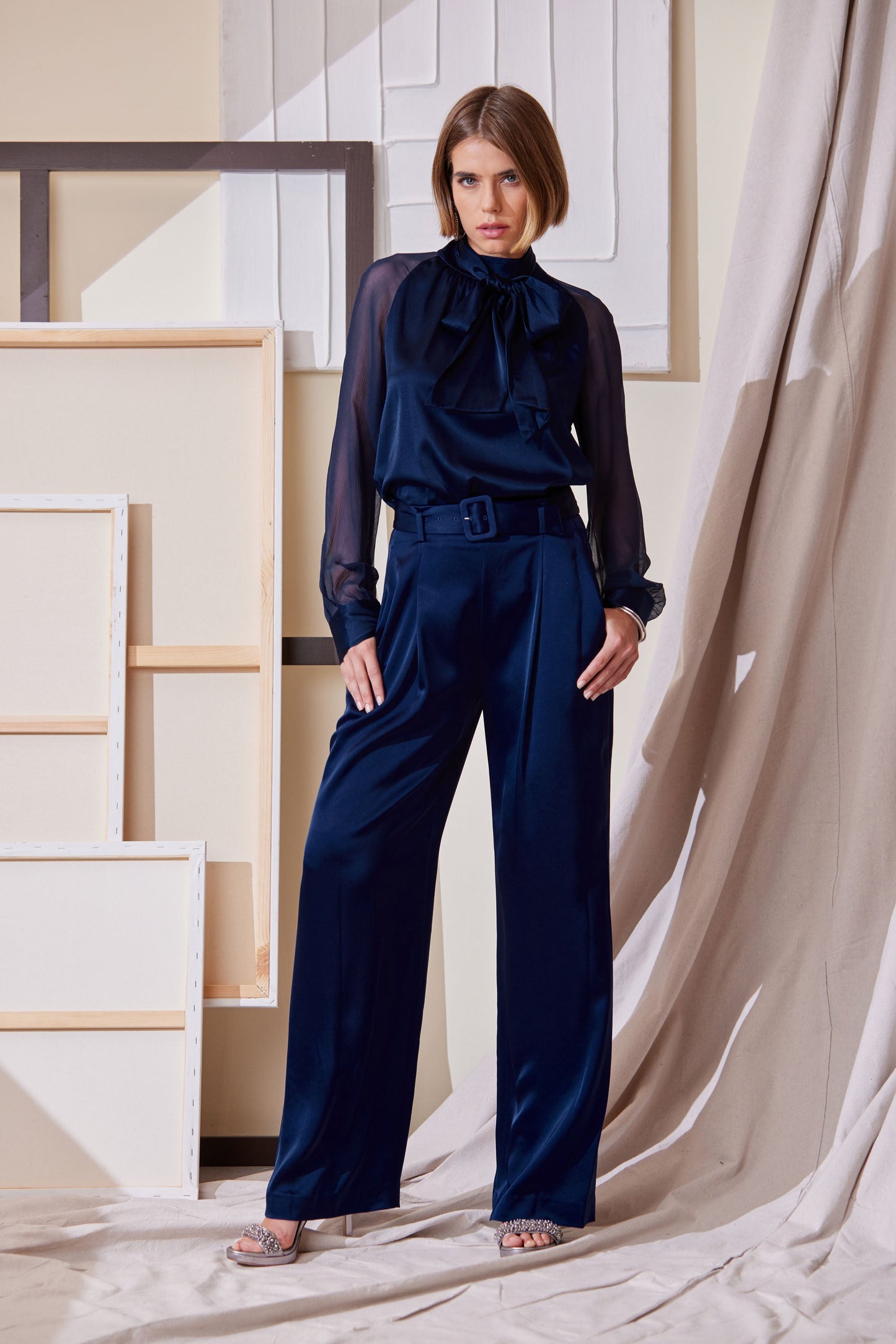 Chiffon Sleeve Silk Satin Tie Shirt