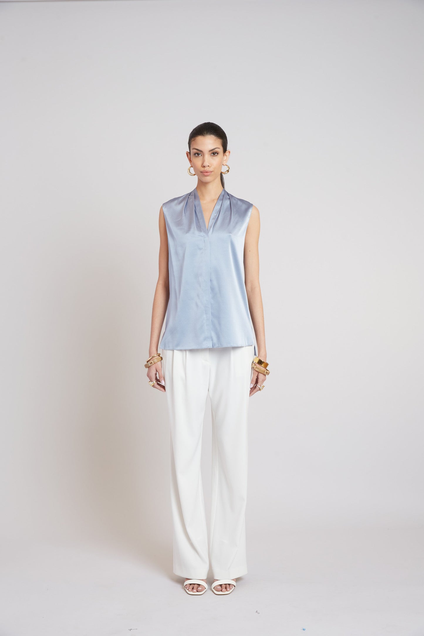Sleeveless Silk Button Down Shirt