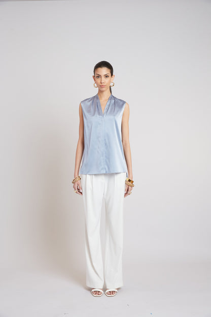Sleeveless Silk Button Down Shirt