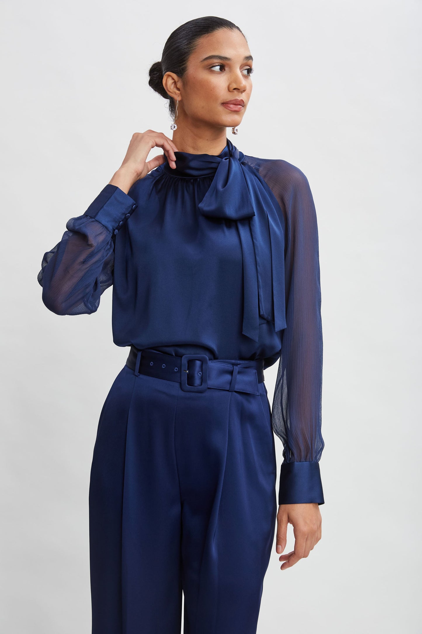 Chiffon Sleeve Silk Satin Tie Shirt