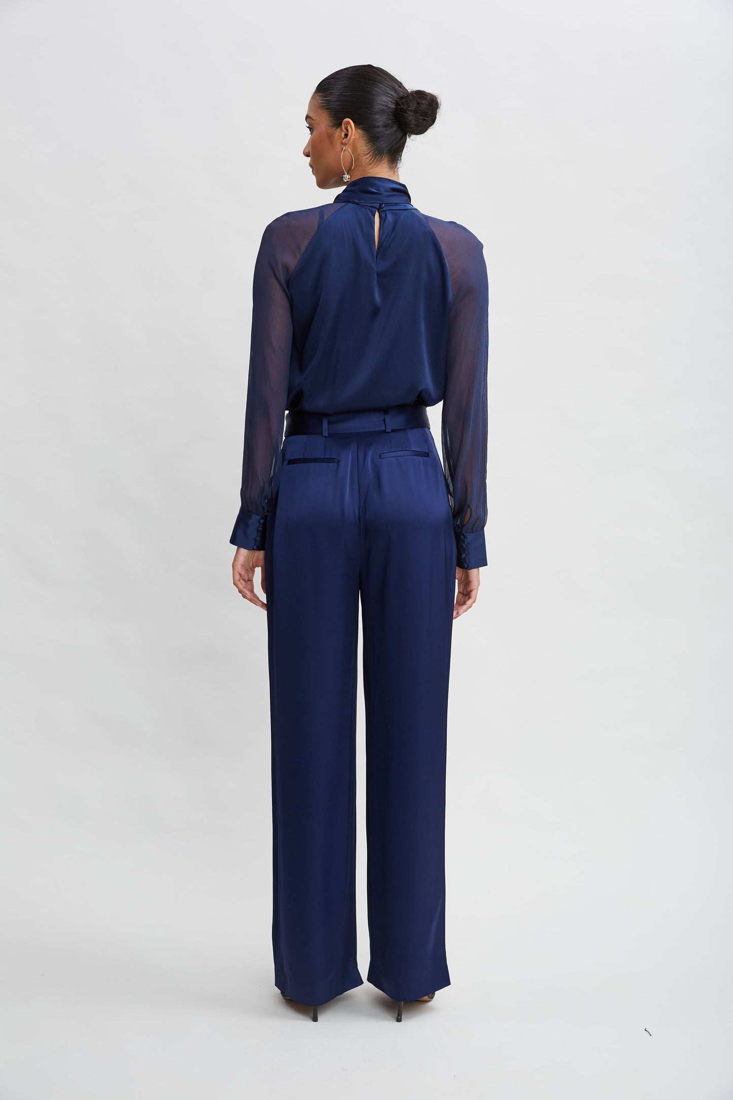 Chiffon Sleeve Silk Satin Tie Shirt