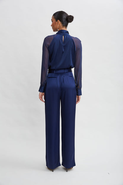 Chiffon Sleeve Silk Satin Tie Shirt
