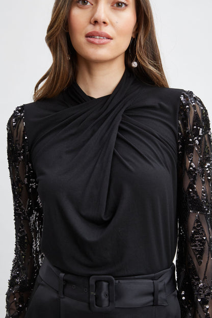 Sequin Sleeve Twist Neck Knit