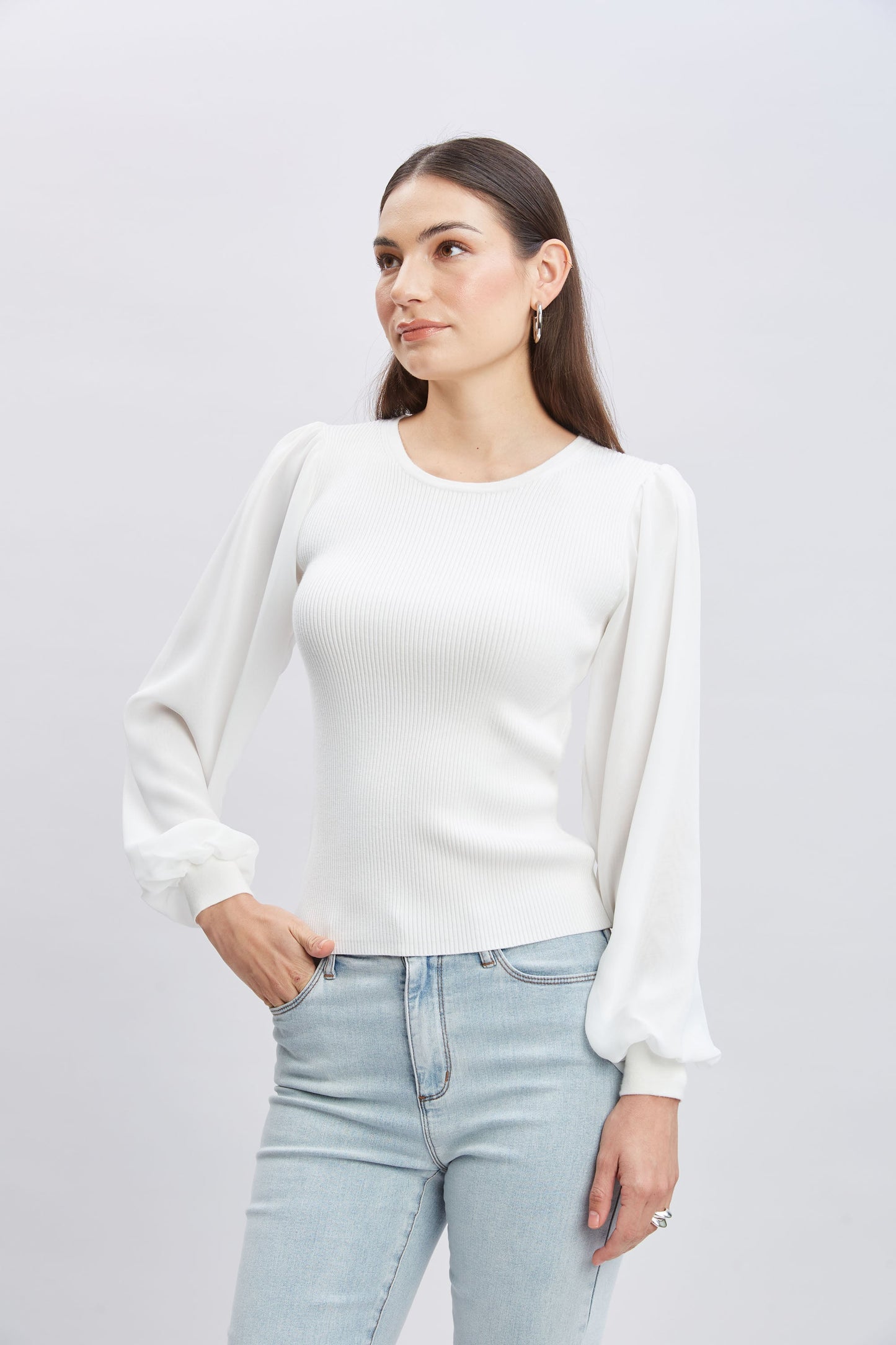 Chiffon Sleeve Rib Sweater