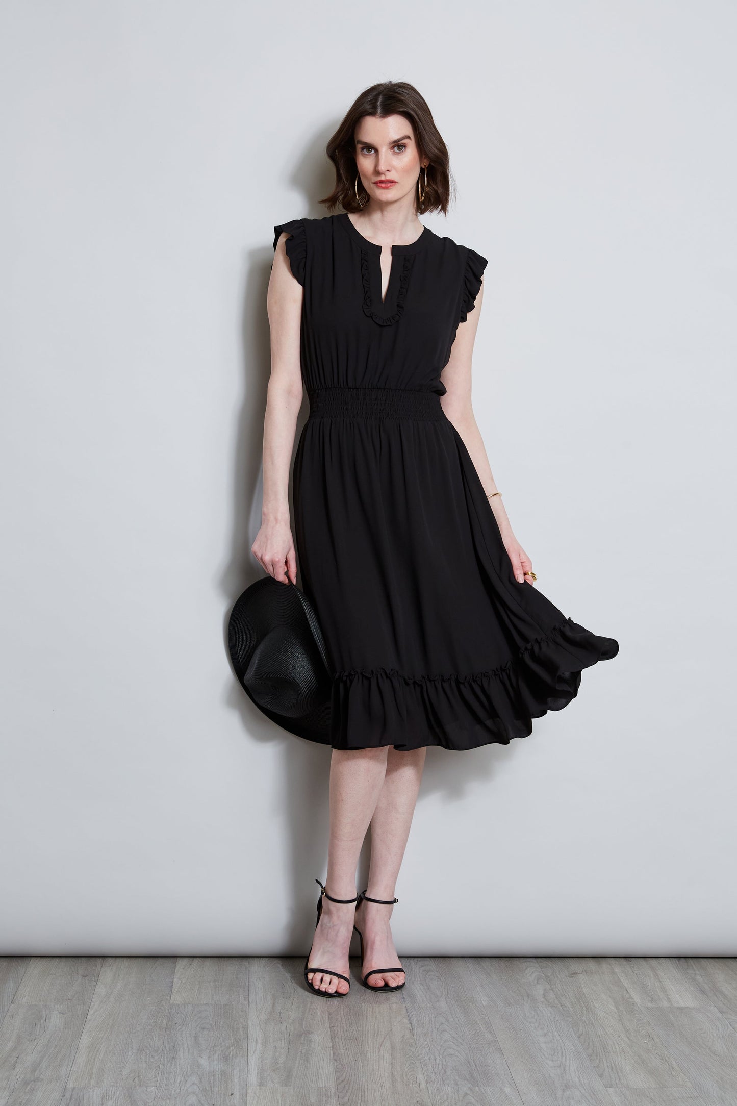 T-Tahari Split Neck Ruffle Midi Dress