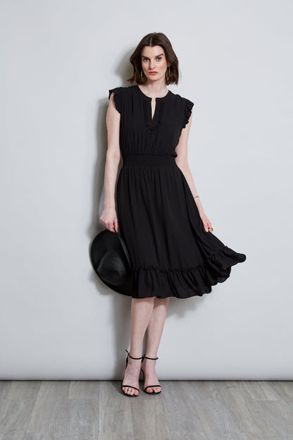 T-Tahari Split Neck Ruffle Midi Dress