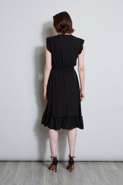 T-Tahari Split Neck Ruffle Midi Dress
