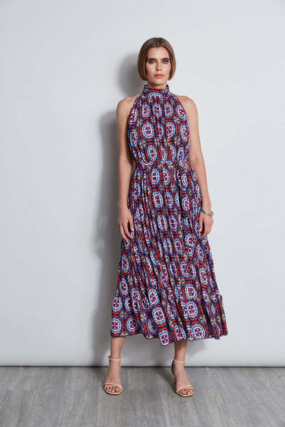 T-Tahari Pleated Print Halter Midi Dress