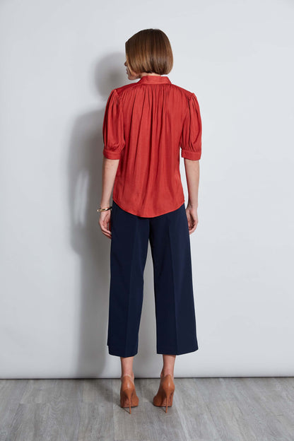 T-Tahari Short Sleeve Pleated Neck Shirt