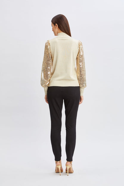 T-Tahari Sequin Sleeve Mock Neck Sweater